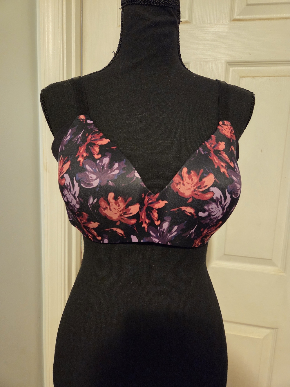 Warner's Floral Wireless Bra in Black with Red & Purple Flowers